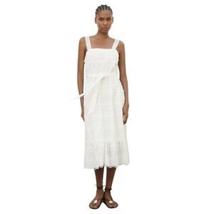 Zara Women's White Polyester/Cotton Lacy Textured Midi Tiered Simmer Dress with